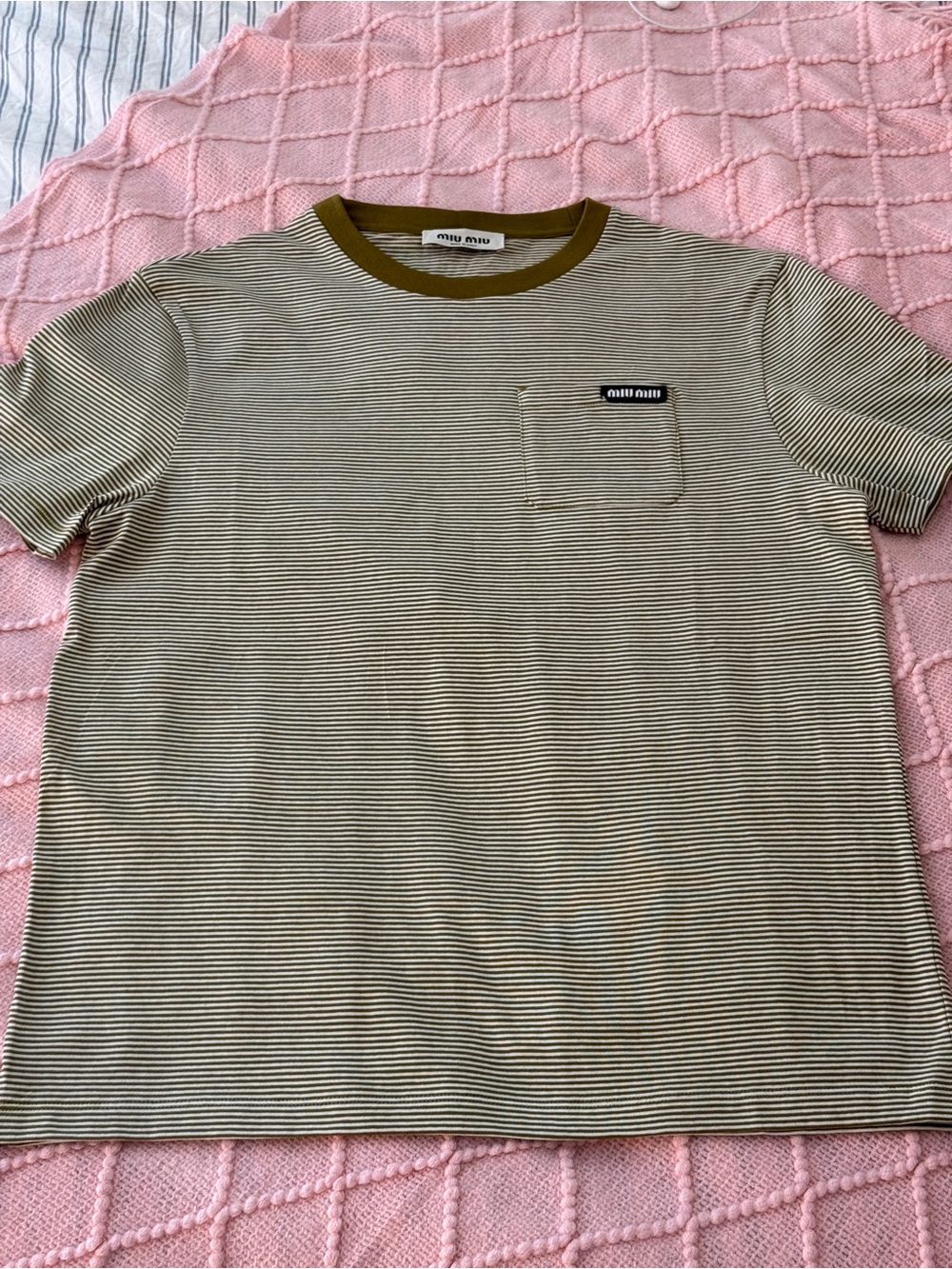 Miu Miu Olive Green and White Striped Short Sleeve Crew Tee